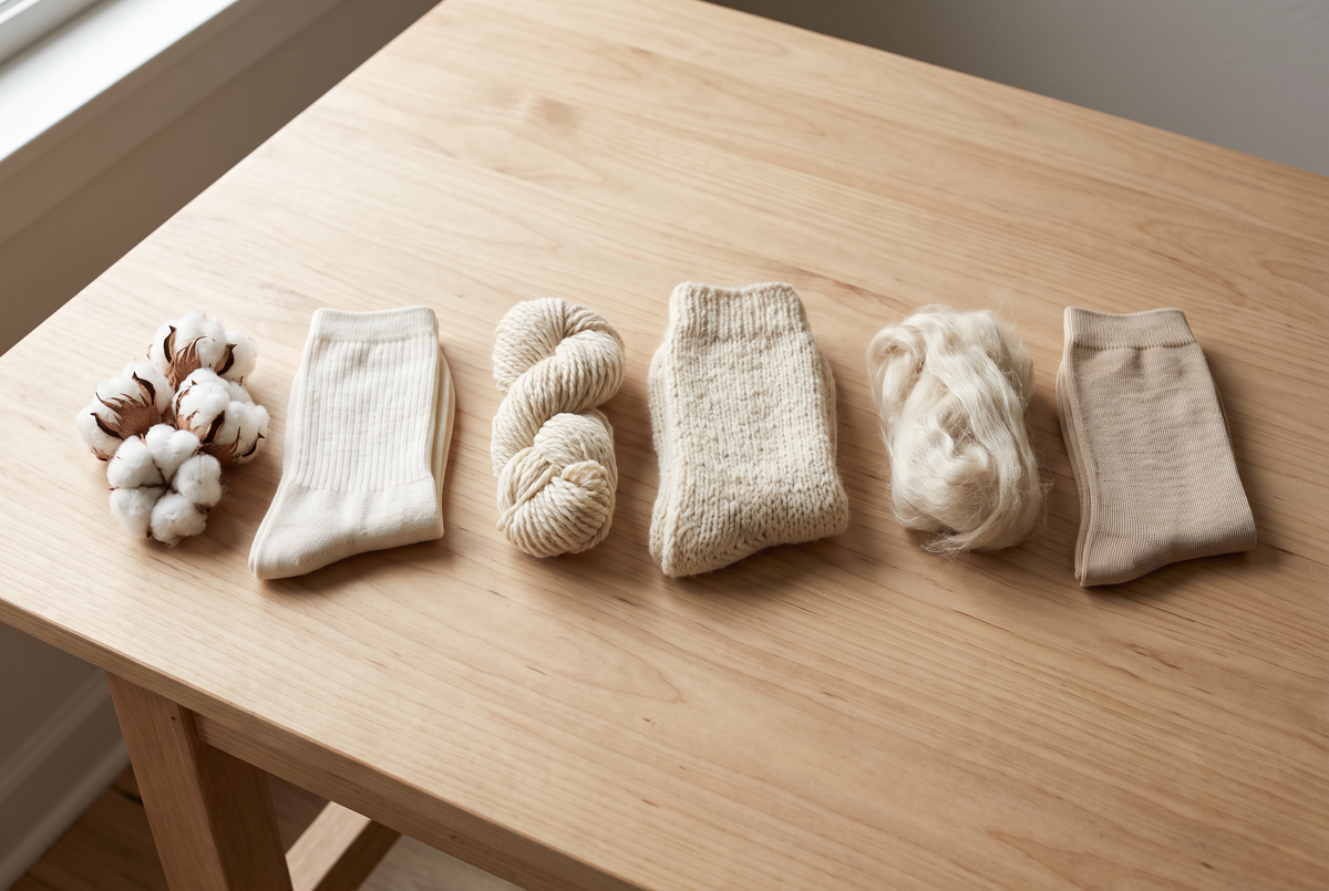 Coton, laine et bambou bruts à côté des chaussettes correspondantes sur une table en bois