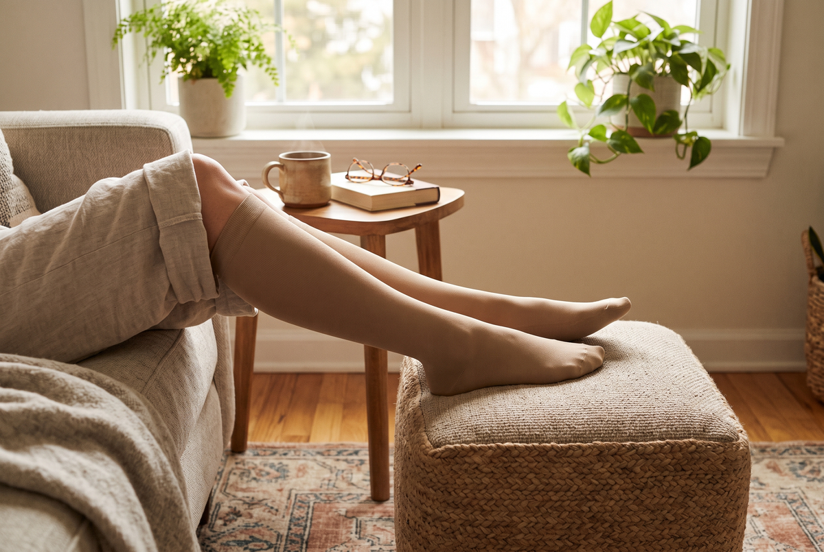 Jambes au repos sur un pouf, en chaussettes de contention beiges Image