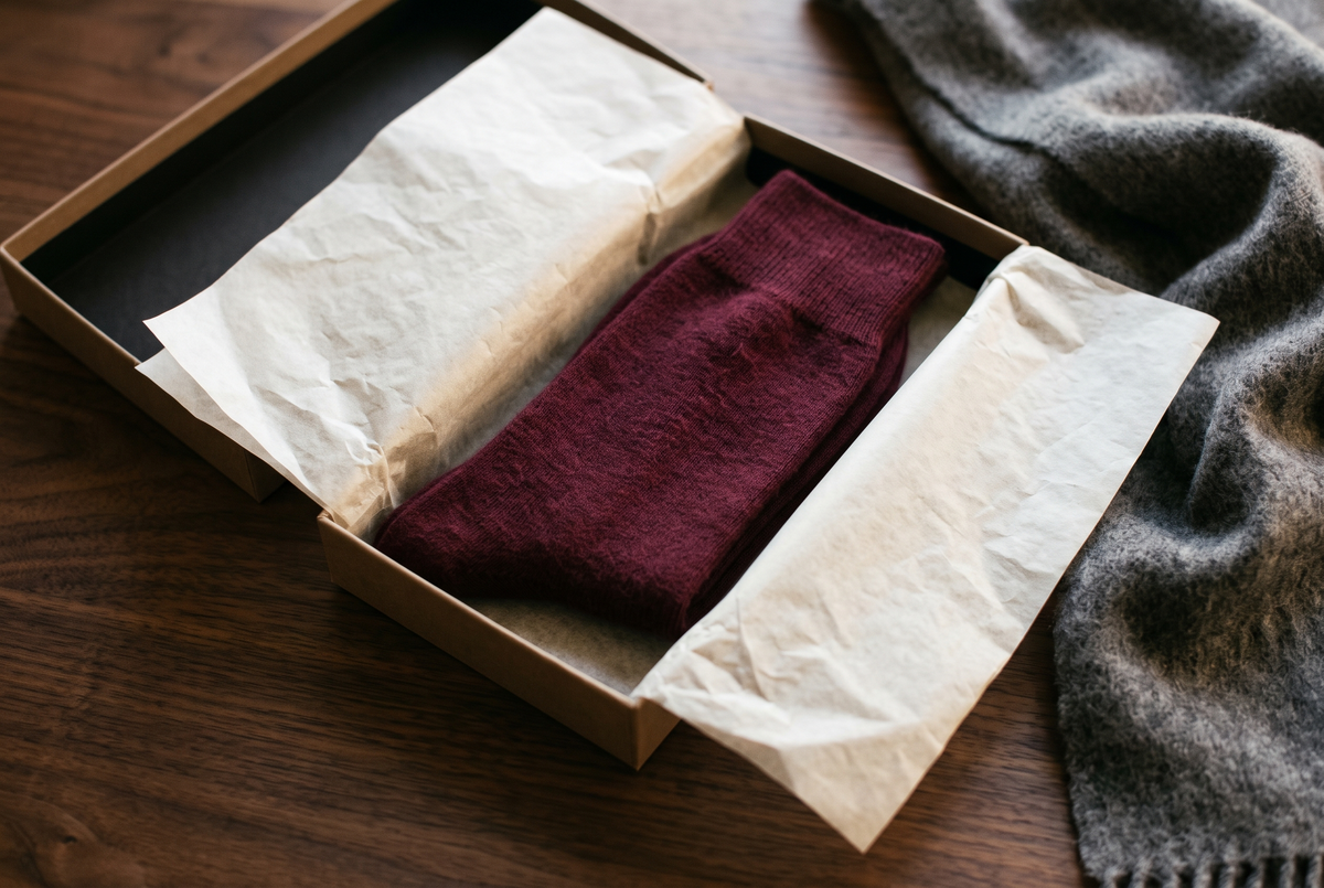 Chaussettes en cachemire bordeaux dans une boîte garnie de papier de soie Image