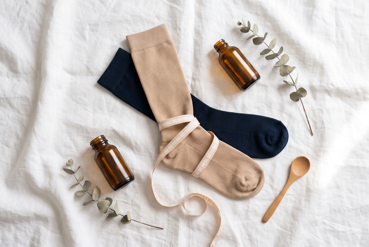 Chaussettes de contention beiges et marine avec un mètre ruban
