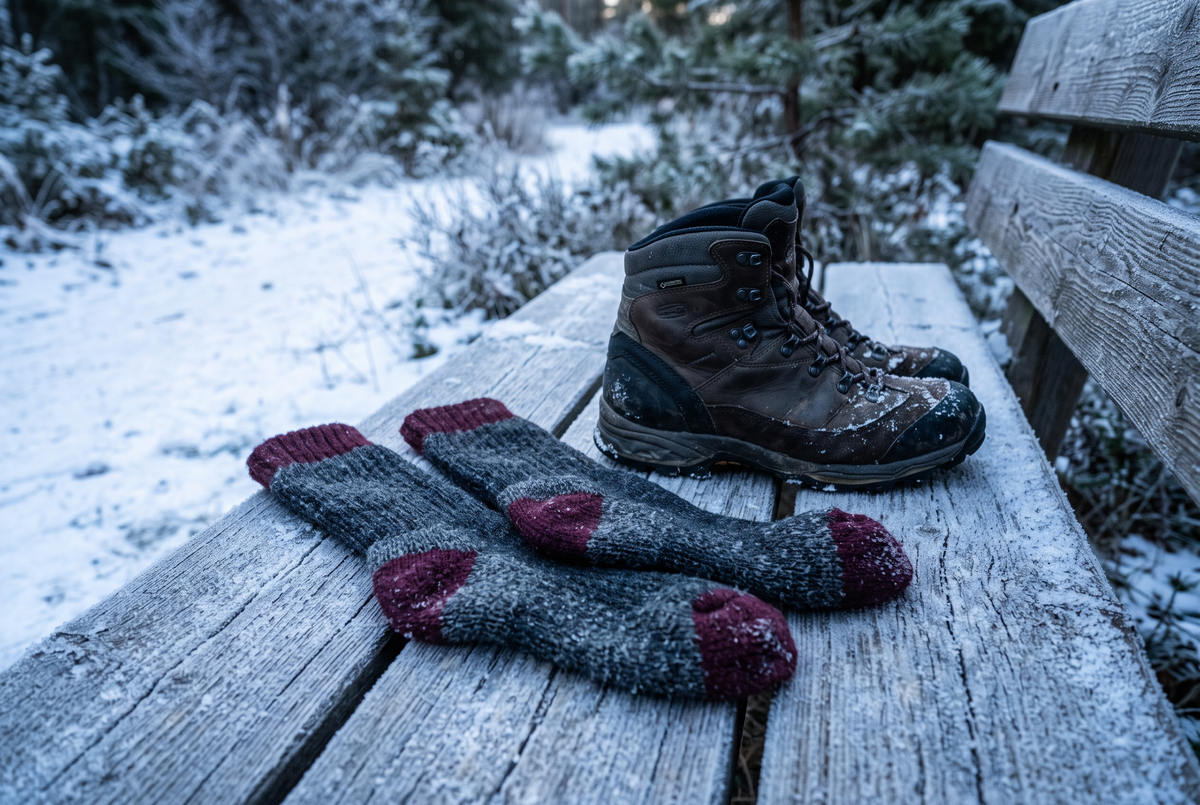 Chaussettes thermiques grises et bordeaux sur un banc givré à côté de chaussures de marche