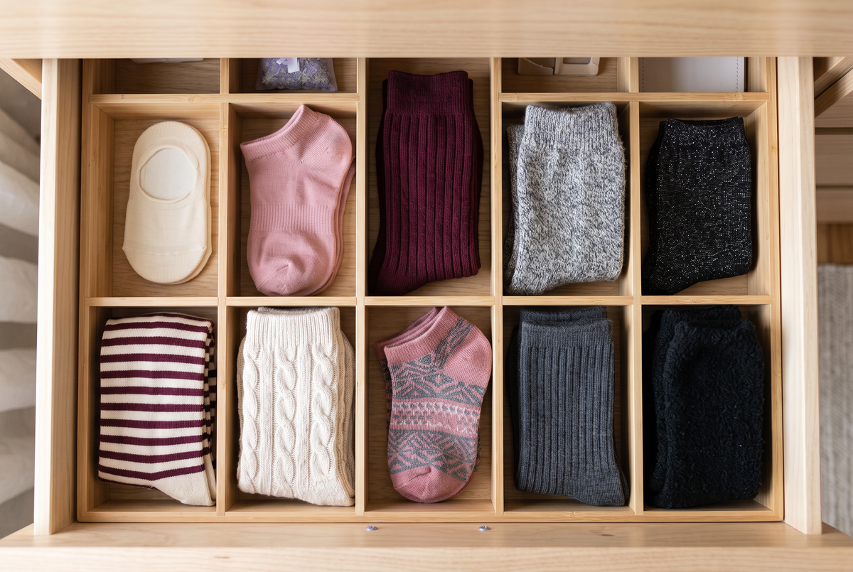 Tiroir rangé de chaussettes femme : invisibles, socquettes, côtelées, laine et rayures