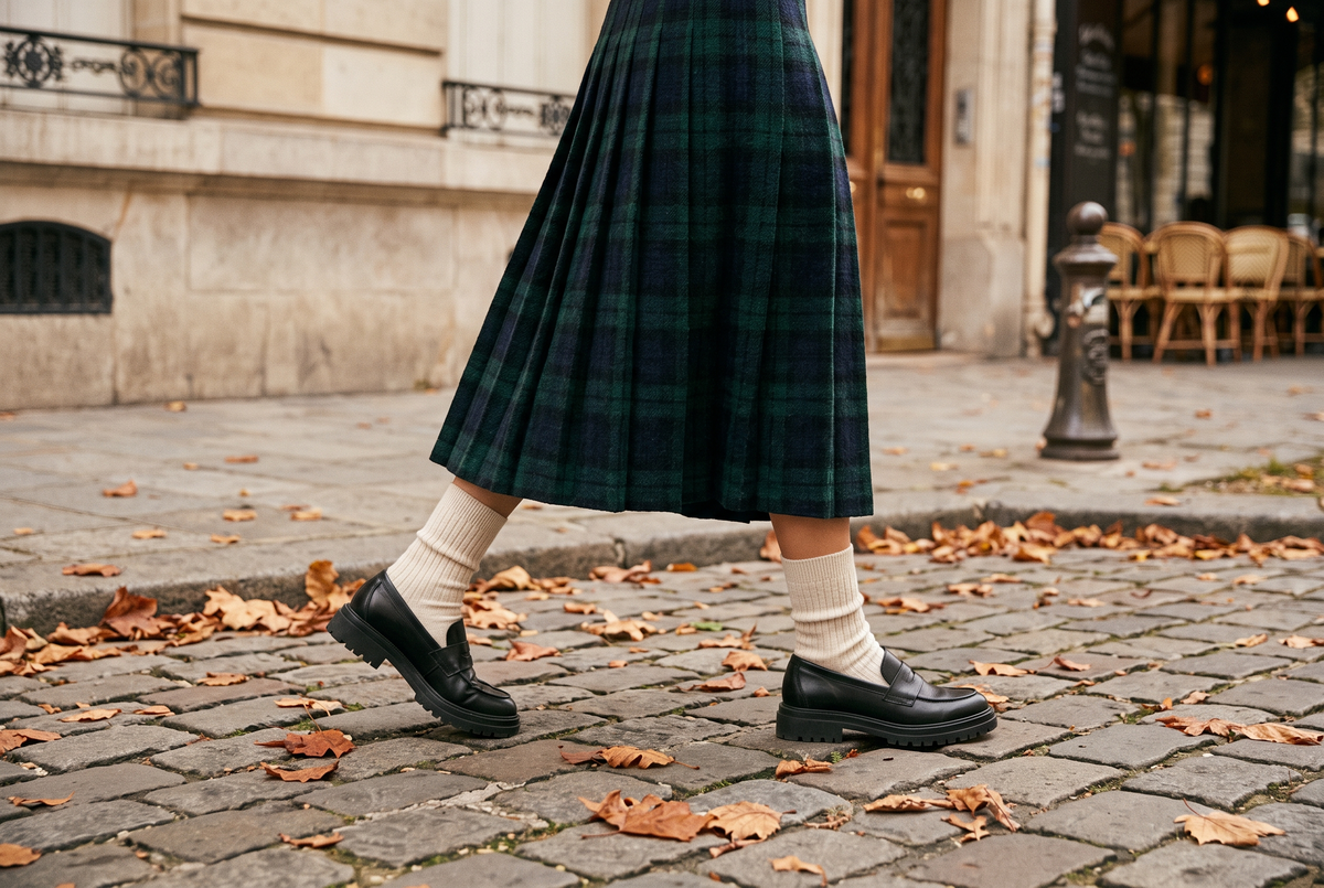 Chaussettes hautes crème portées avec des mocassins et une jupe plissée Image