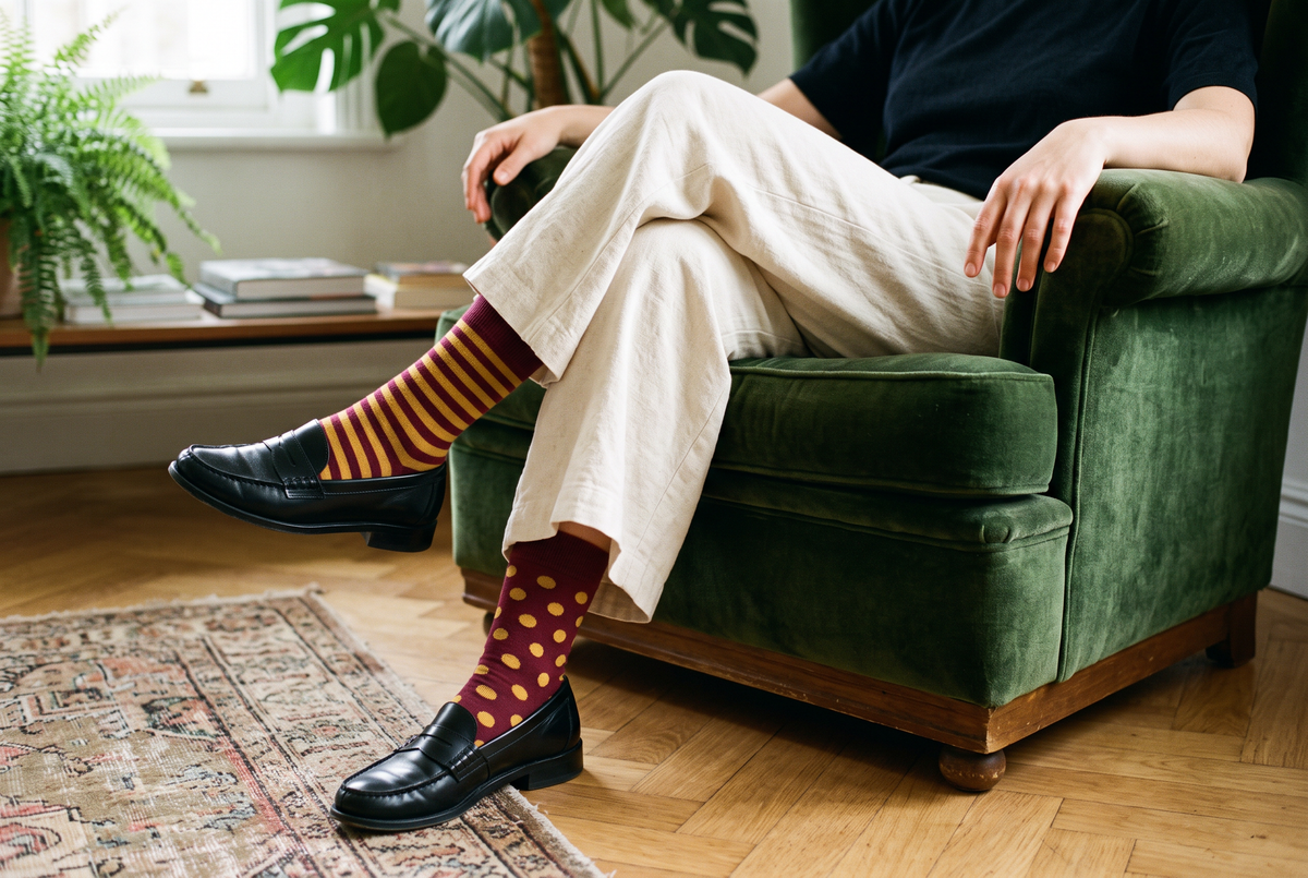 Chaussettes fantaisie à pois et à rayures portées avec des mocassins noirs