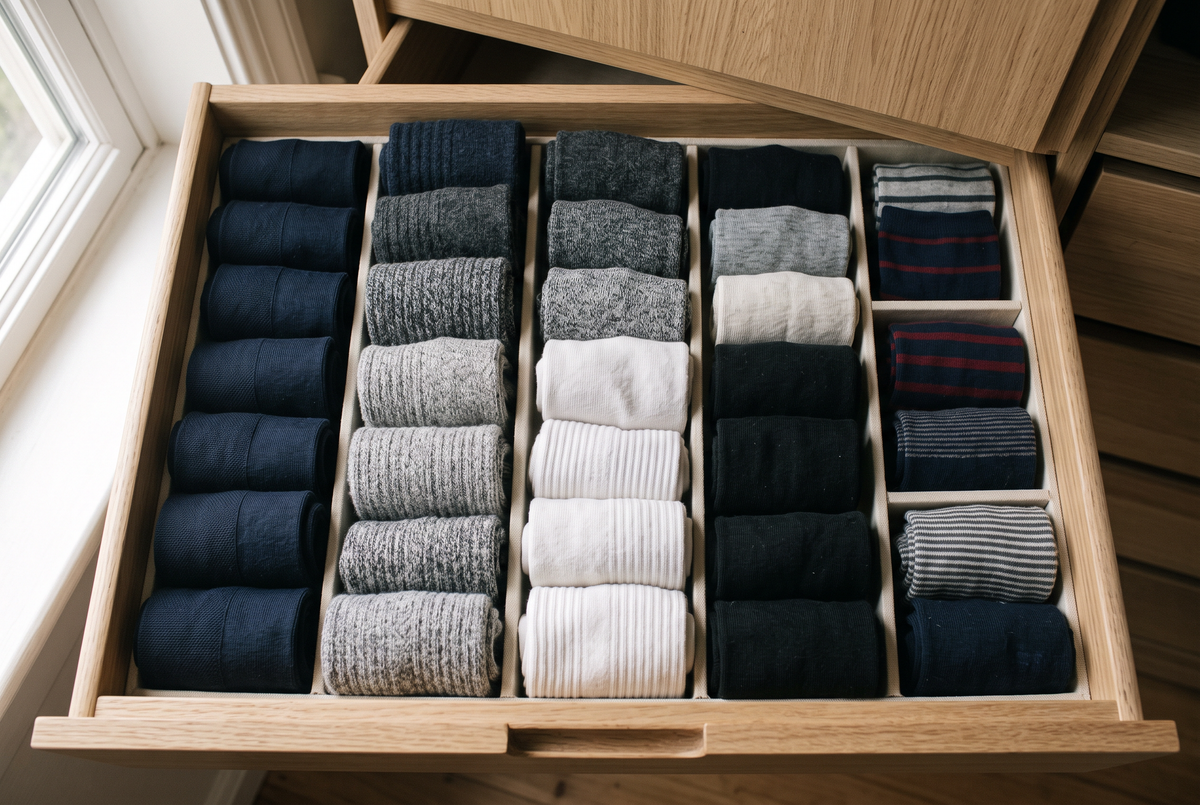 Tiroir de chaussettes homme rangées par type : ville, laine, sport Image