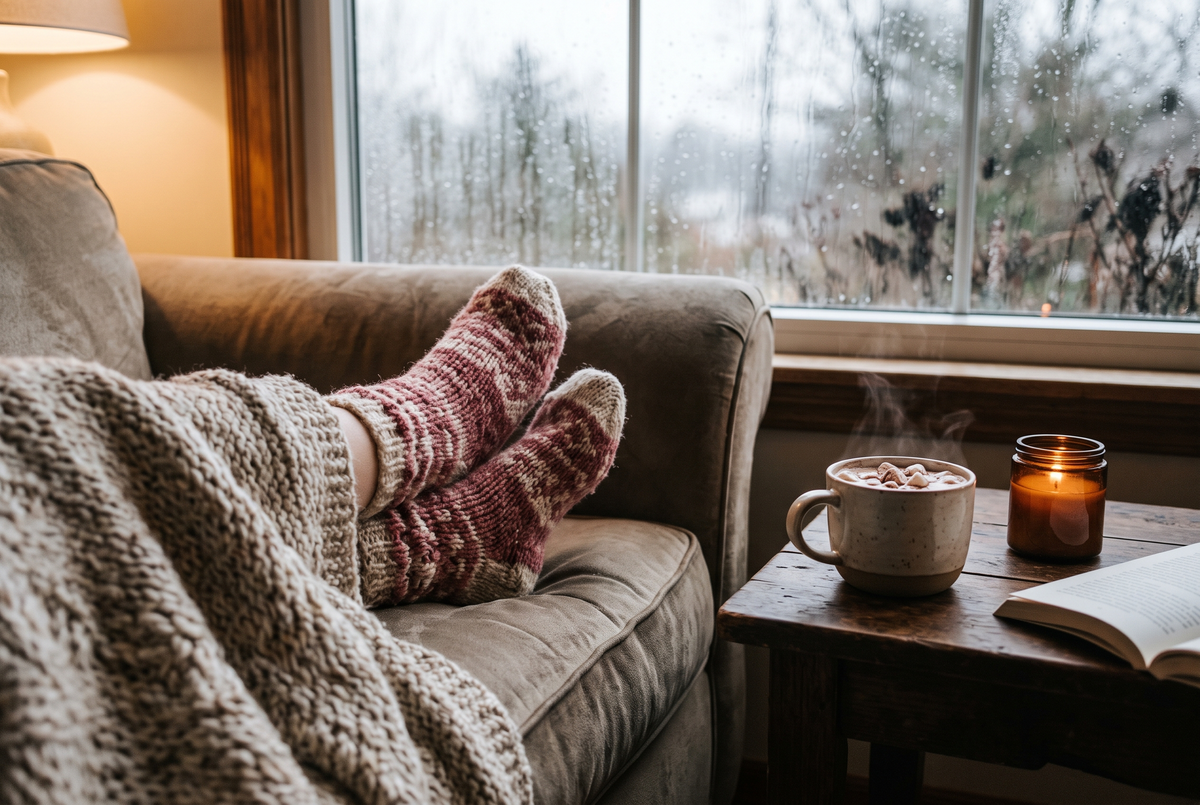 Pieds en chaussettes de laine roses sur un canapé, avec un chocolat chaud Image