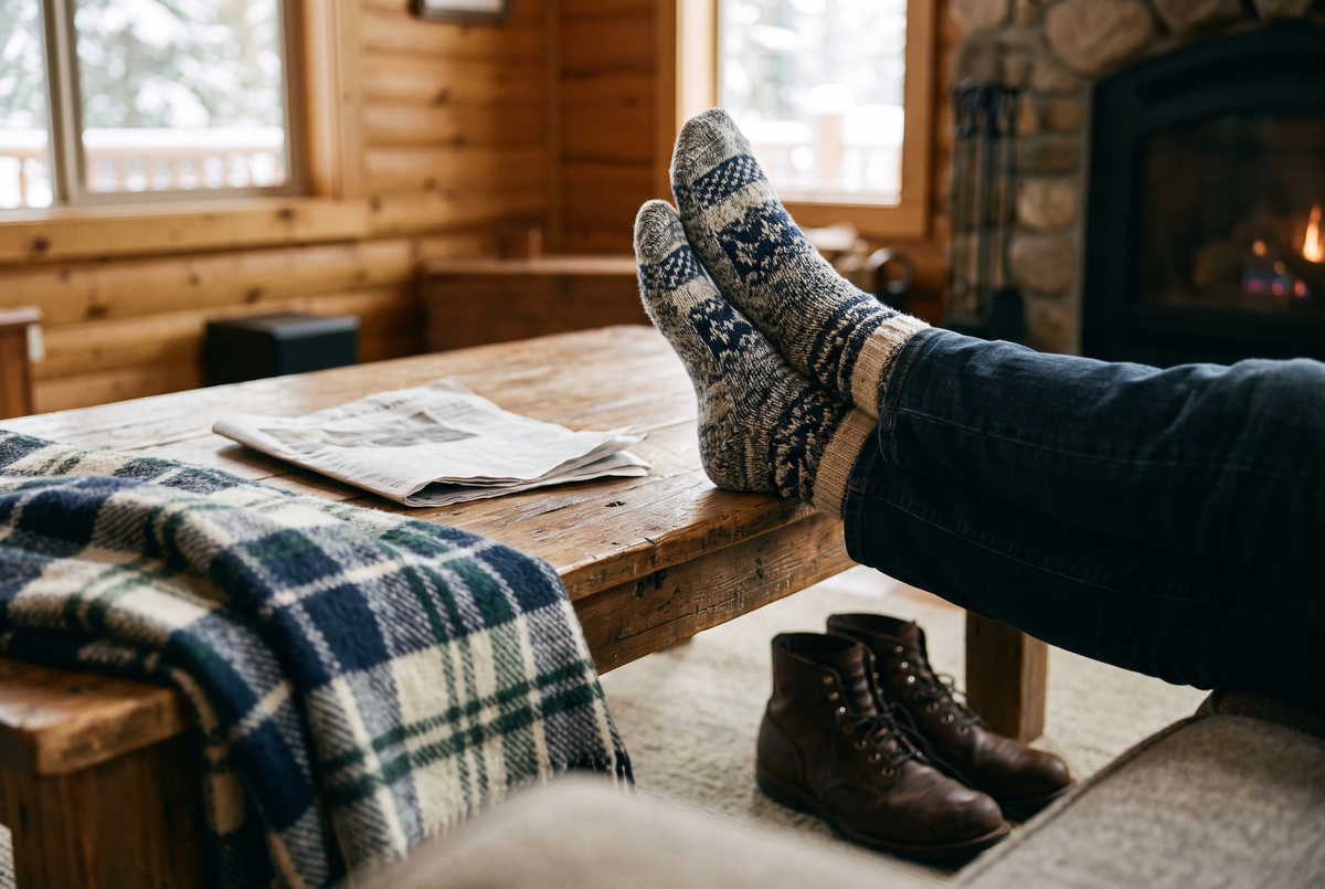 Pieds en chaussettes de laine grises sur une table basse dans un chalet