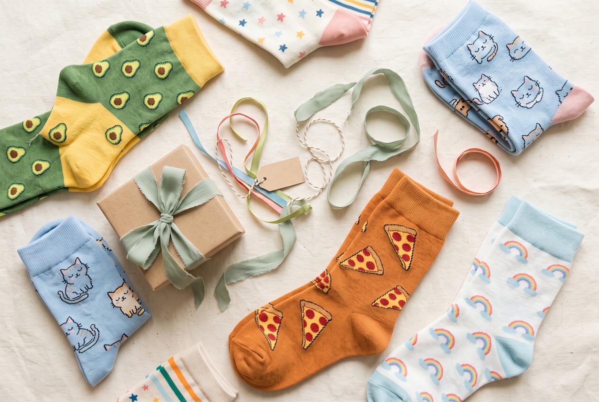 Chaussettes drôles à motifs avocat, chat, pizza et arc-en-ciel avec un paquet cadeau Image