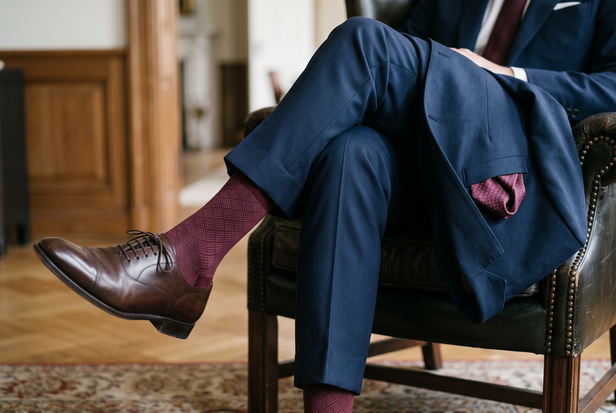 Chaussettes homme bordeaux à motif géométrique avec un costume marine Image