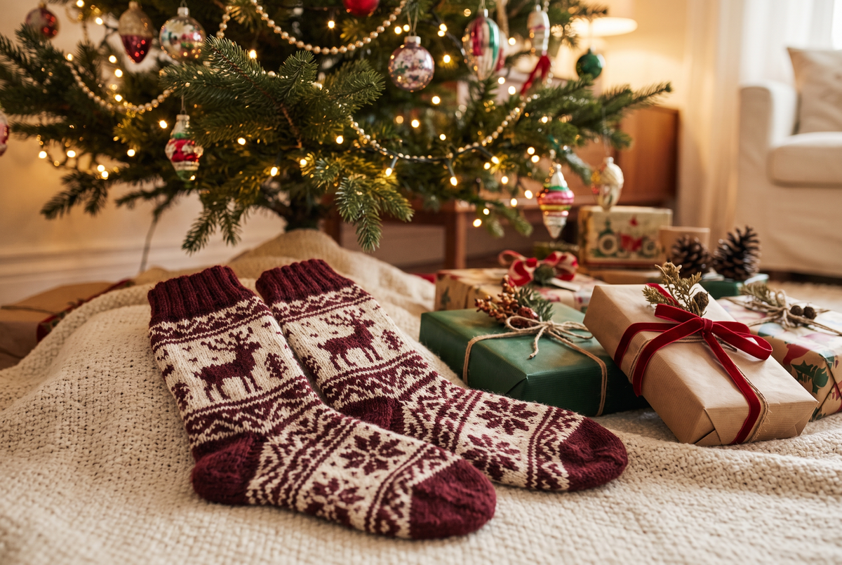 Chaussettes de Noël tricotées à rennes au pied d'un sapin décoré Image