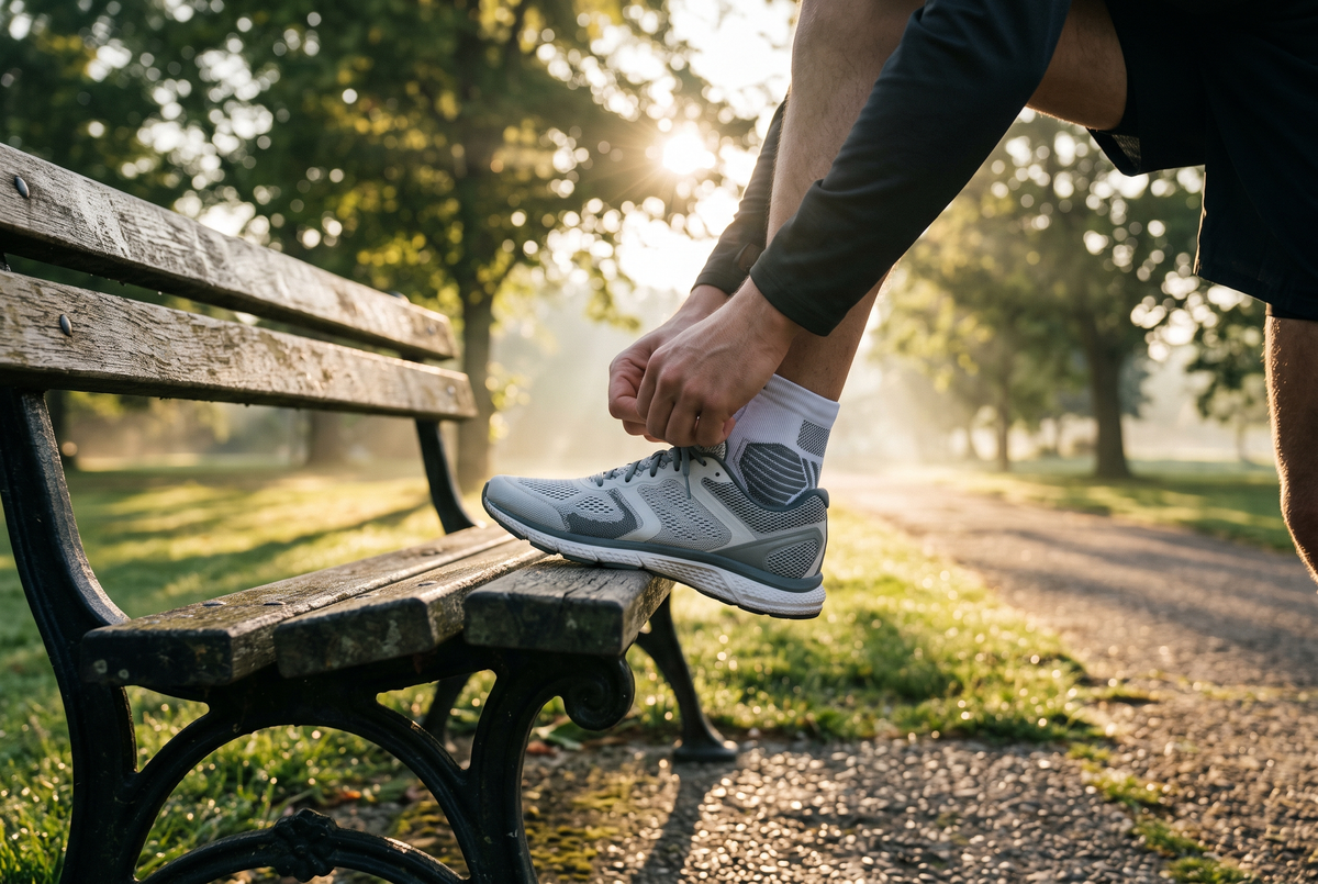 Coureur laçant ses baskets, en chaussettes de sport blanches et grises Image