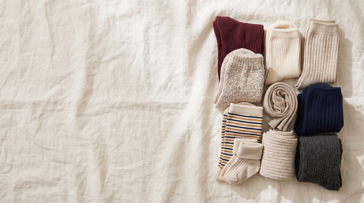 Chaussettes en laine, coton, rayées et à paillettes pliées sur un lin écru