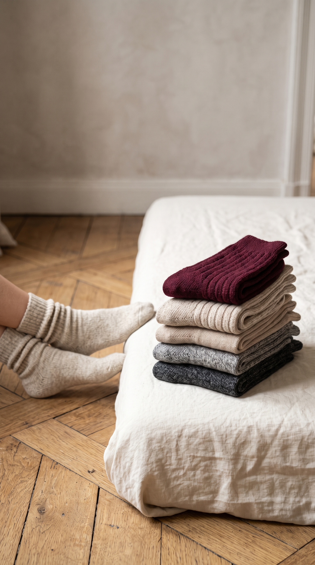 Pile de chaussettes pliées et pieds en chaussettes de laine sur un parquet
