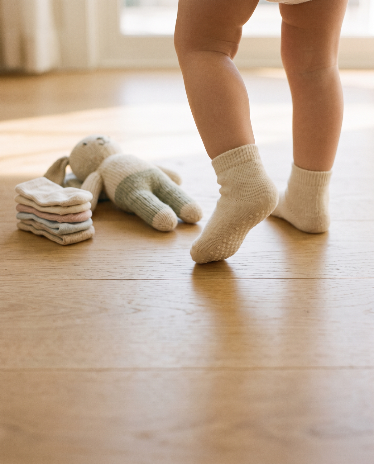 Premiers pas d'un enfant en chaussettes antidérapantes sur un parquet clair Image