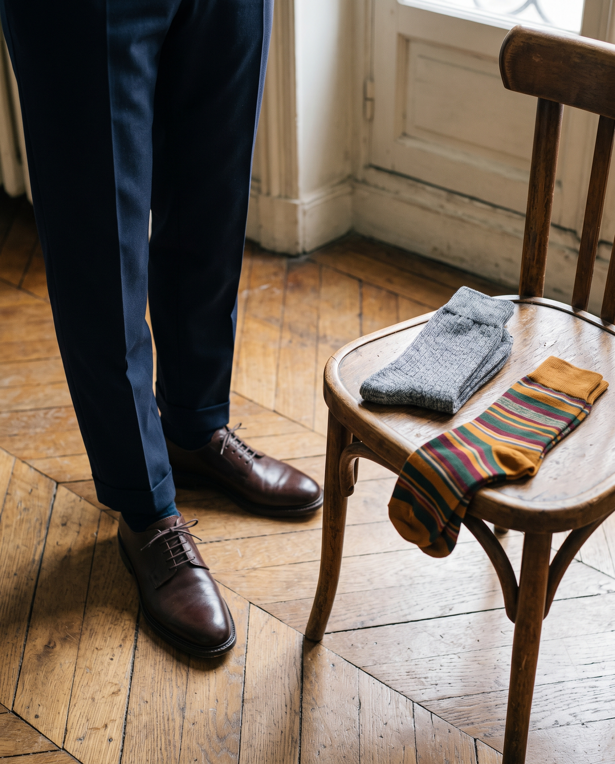 Chaussettes homme sous un costume marine, chaussettes en laine et fantaisie sur une chaise Image