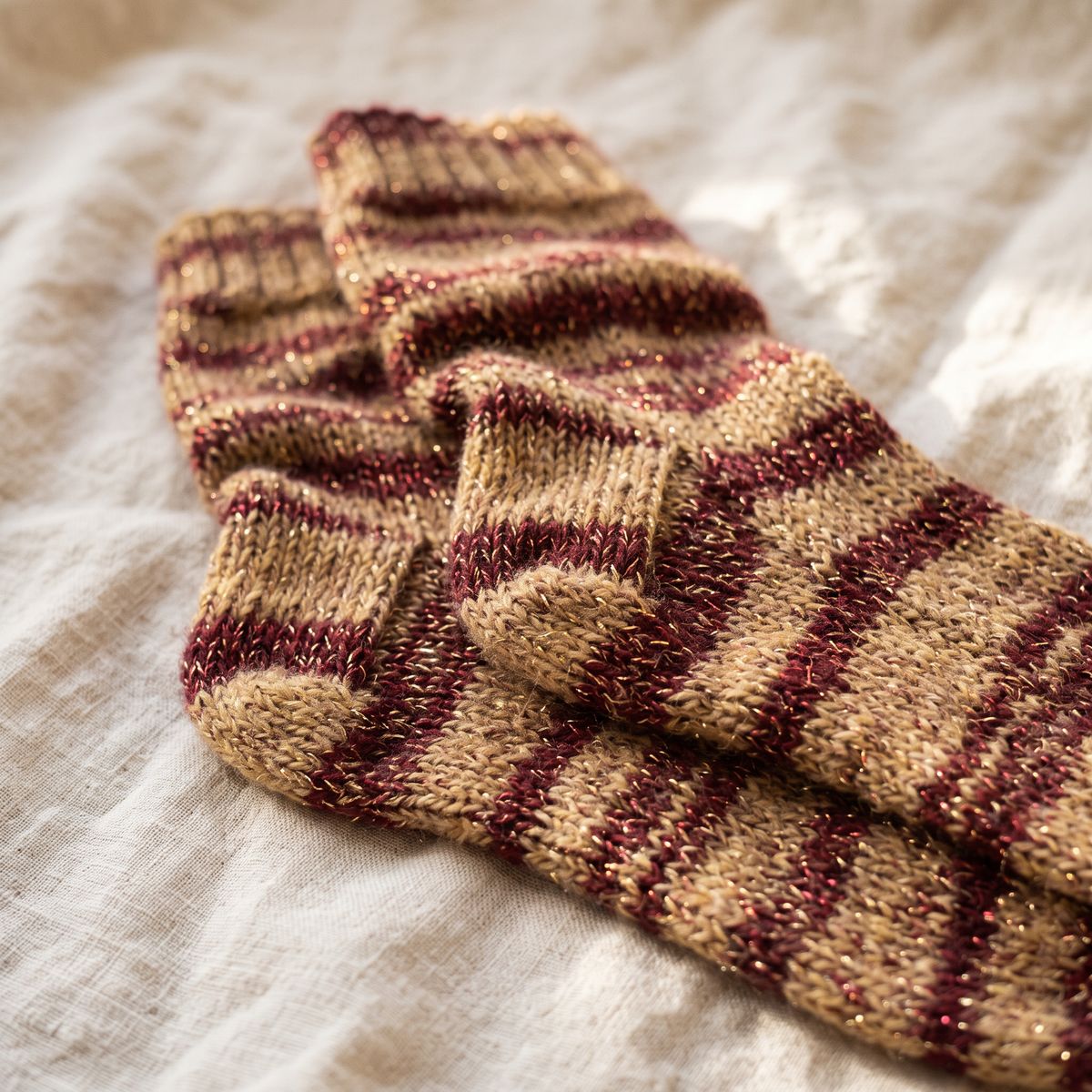 Chaussettes à paillettes dorées et bordeaux sur un lin écru