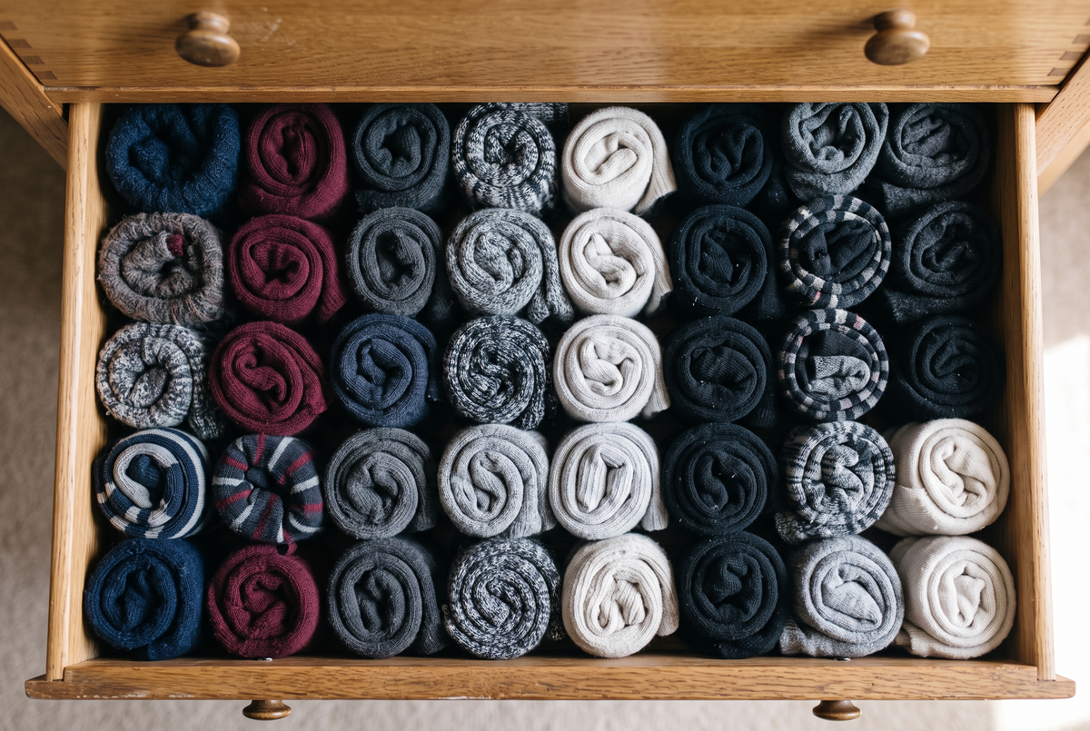 Tiroir rangé de chaussettes roulées de toutes les couleurs Image