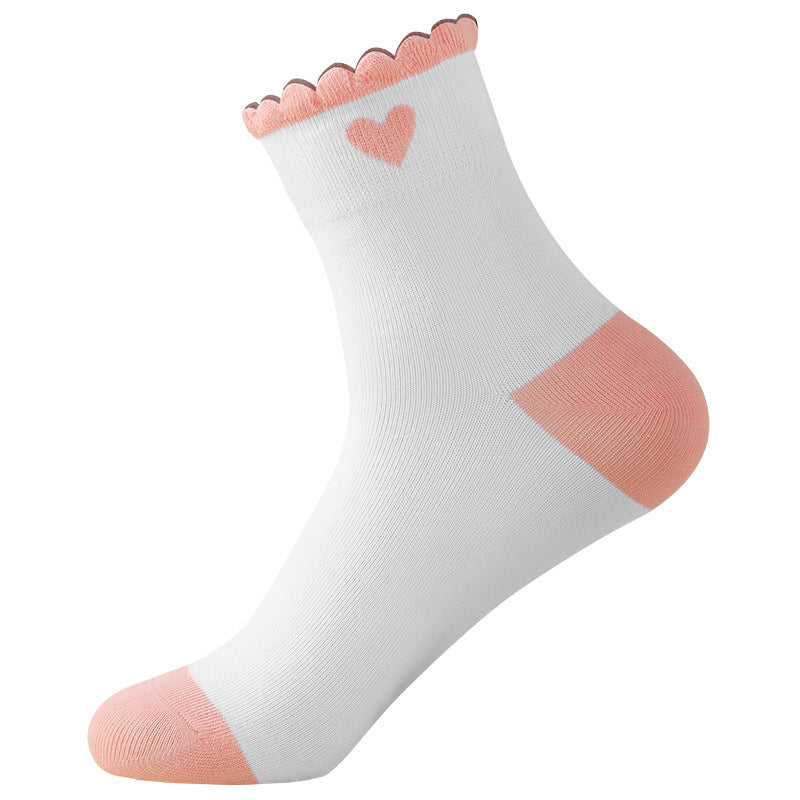 Chaussettes femme coton, lot de 6 à revers volanté et cœur pastel