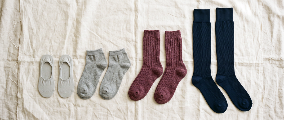 Paires de chaussettes en laine, en coton et à motifs posées côte à côte